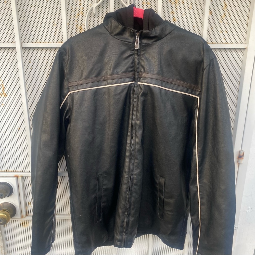 Whispering Smith Faux hooded fauxLeather quilted lined Zip Jacket XL black